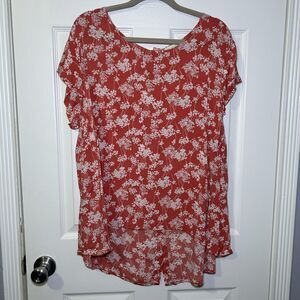 Cynthia Rowley Blouse Womens 1X Coral Floral Button Back Short Flutter Tunic Top